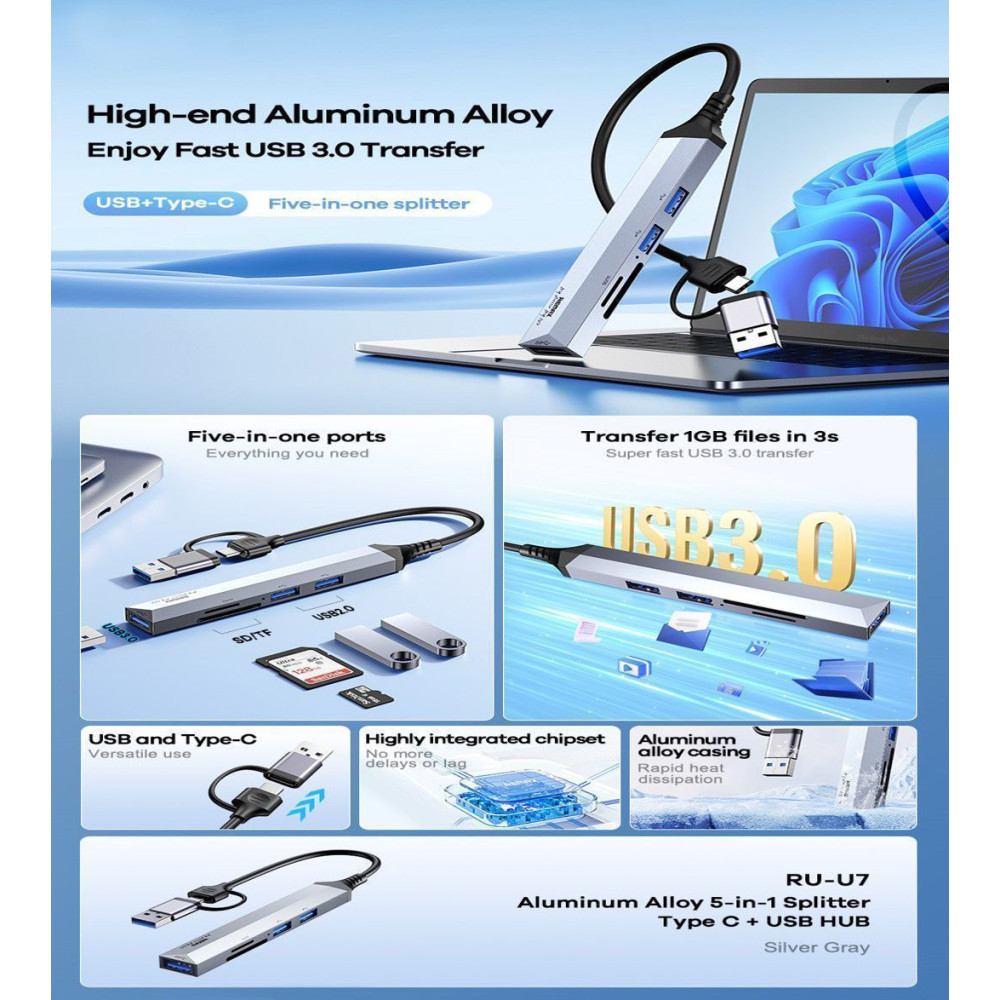 Remax RU-U7 5-in-1 USB-A 3.0 / TYPE-C USB HUB Adapter Ασημί