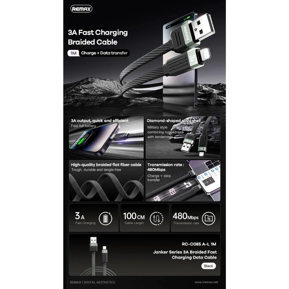 Καλώδιο Remax RC-C085 Janker Series Braided 3A|Fast Charge USB-A to Lightning Μαύρο