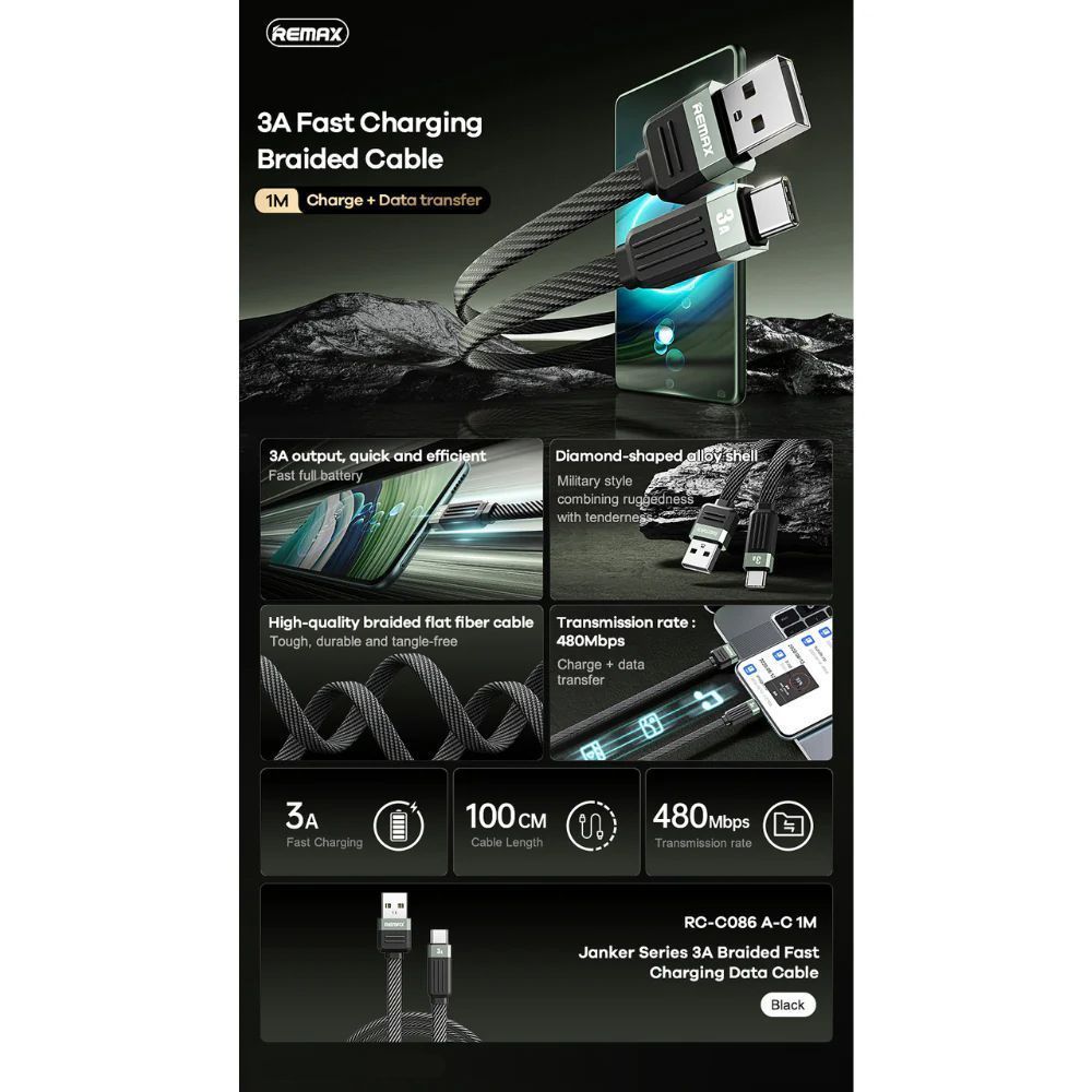 Καλώδιο Remax RC-C086 Janker Series Braided 3A|Fast Charge USB-A to Type-C Μαύρο
