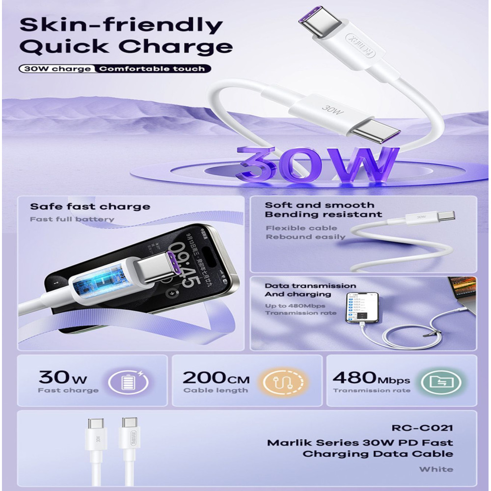 Καλώδιο Remax RC-C021 Marlik Series PD 30W|Fast Charge Type-C to Type-C 2m Λευκό