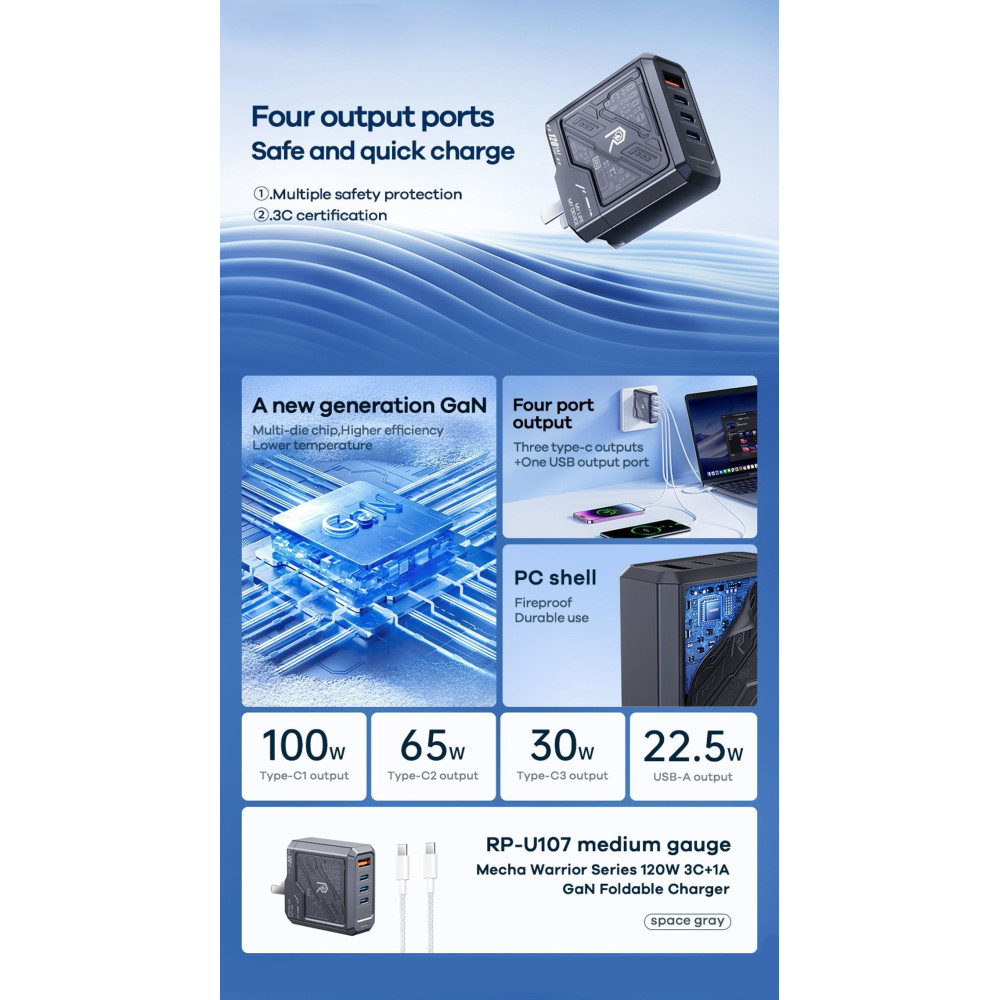 Φορτιστής REMAX Mecha Warrior Series RP-U107 120W GaN 3xC/1xUSB+ Καλώδιο Type-C 100W Μαύρο