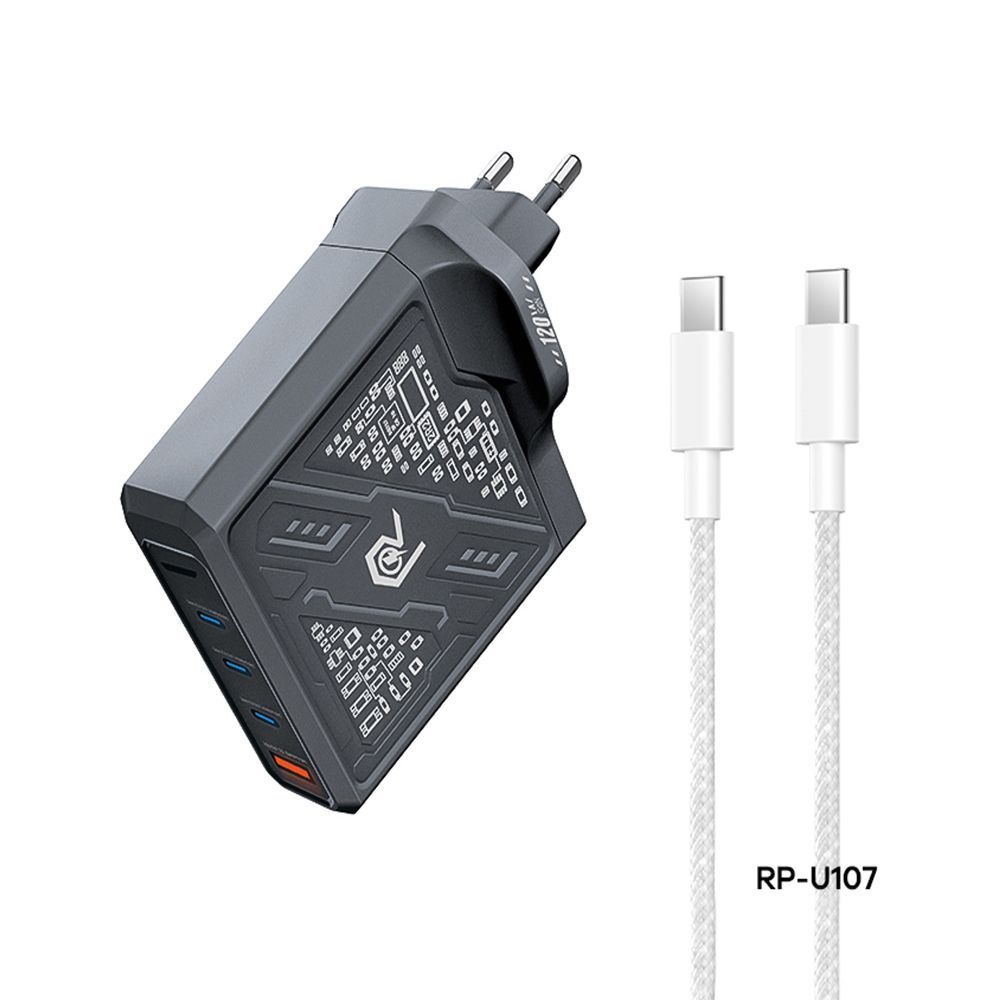 Φορτιστής REMAX Mecha Warrior Series RP-U107 120W GaN 3xC/1xUSB+ Καλώδιο Type-C 100W Μαύρο