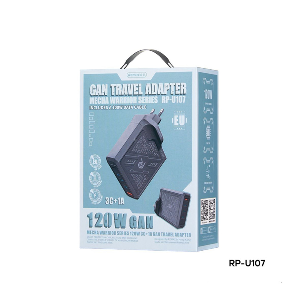 Φορτιστής REMAX Mecha Warrior Series RP-U107 120W GaN 3xC/1xUSB+ Καλώδιο Type-C 100W Μαύρο