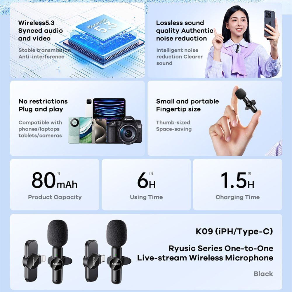 Remax Ασύρματο Μικρόφωνο Κ09 Live-Stream One-to-One Type-C Μαύρο