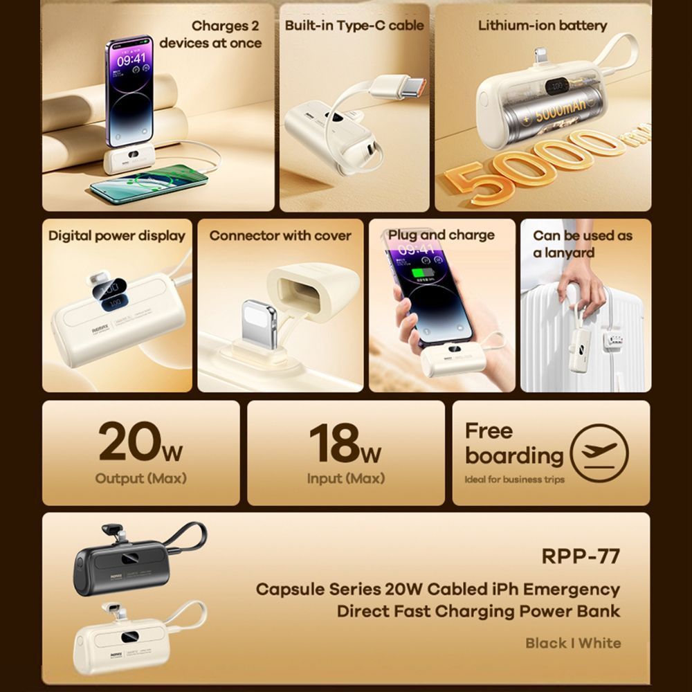 REMAX Capsule Series Power Bank 5000mAh RPP-77 Lightning με ενσωματωμένο καλώδιο Type-C Λευκό