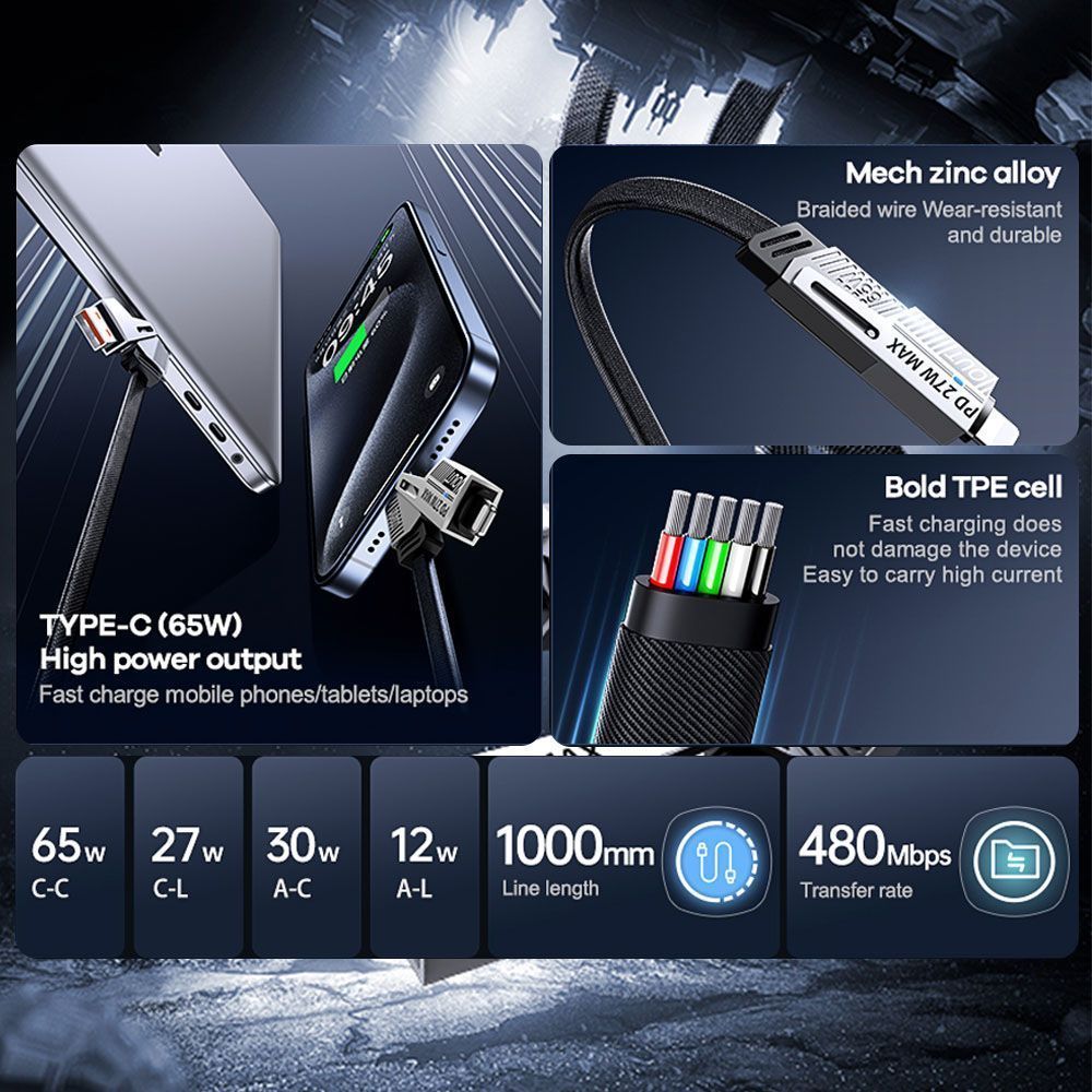 Καλώδιο Φόρτισης REMAX Multi Fuctional RC-C189 Braided 4 σε 1 Μαύρο