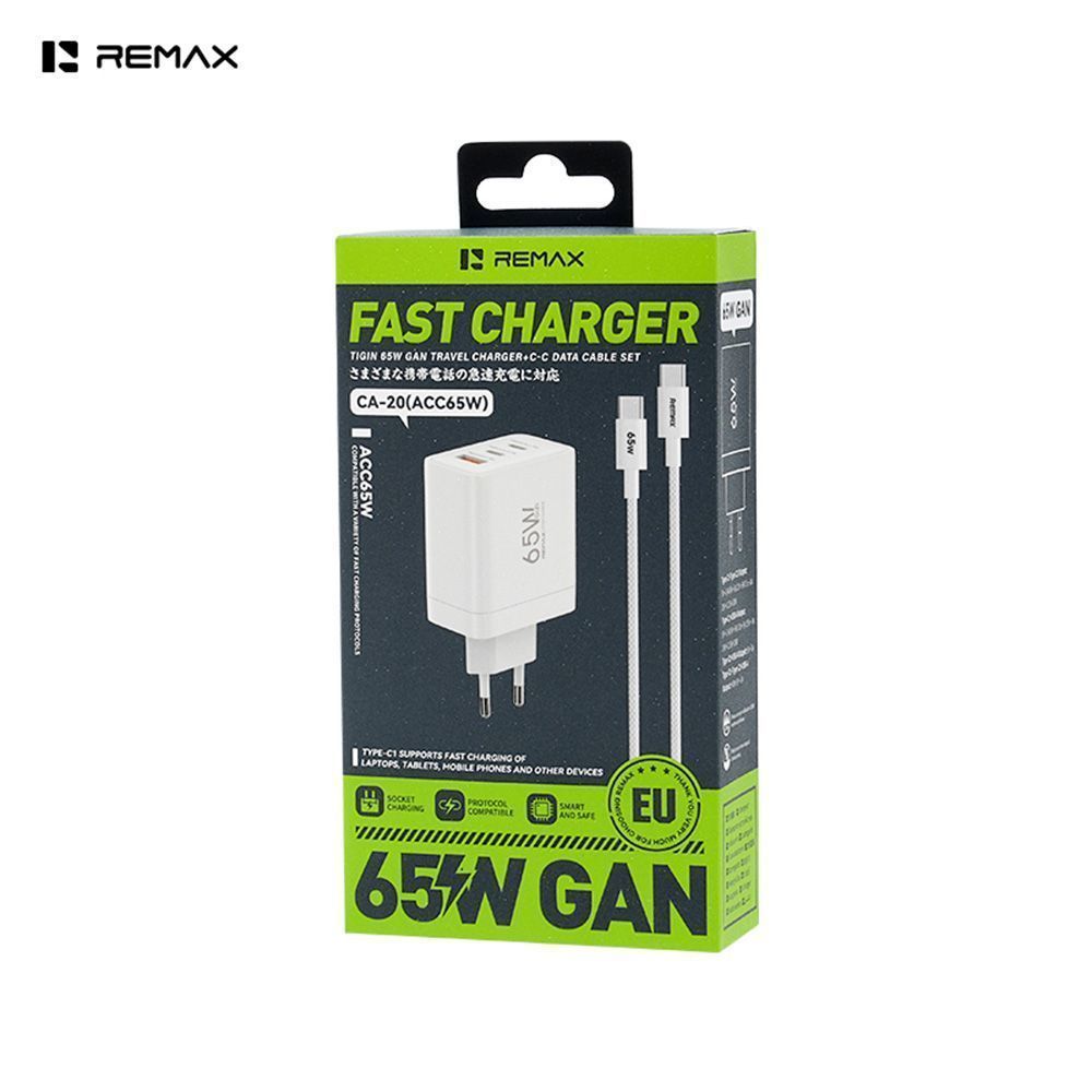 Φορτιστής REMAX Tigin Series Fast Charger CA-20(ACC65W) 65W με USB-A+2xUSB-C και Καλώδιο USB-C Λευκό