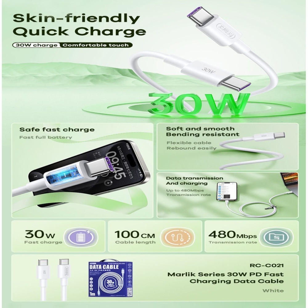 Καλώδιο Remax RC-C021 Marlik Series PD 30W|Fast Charge Type-C to Type-C 1m Λευκό