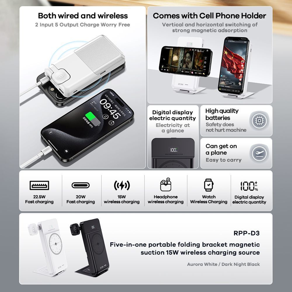 REMAX Ασύρματο Power-Bank 5-σε-1 10000mAh 15W RPP-D3 Μαύρο