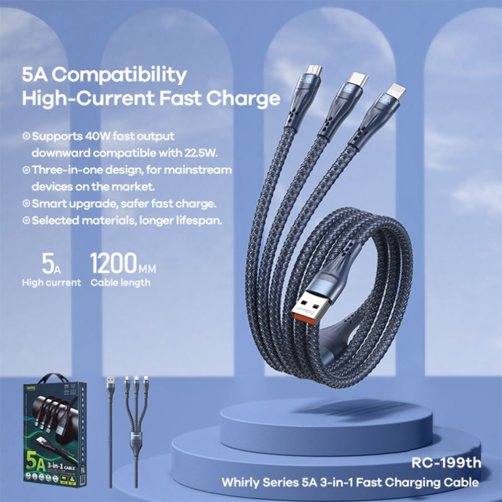 REMAX 3σε1 Multicharging Καλώδιο RC-199th USB to Lightning / Type-C / Micro USB 5Α Μπλέ
