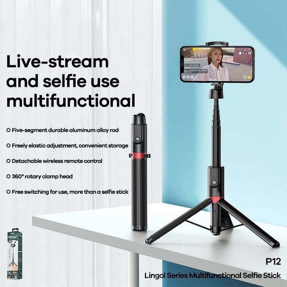 REMAX P12 Multifuctional Selfie Stick & Tripod Combo με Bluetooth Remote Controller Μαύρο