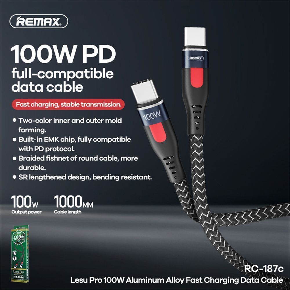 Καλώδιο Remax RC-187c Lesu Pro Series Braided 100W|Fast Charge Type-C to Type-C 1m Μαύρο