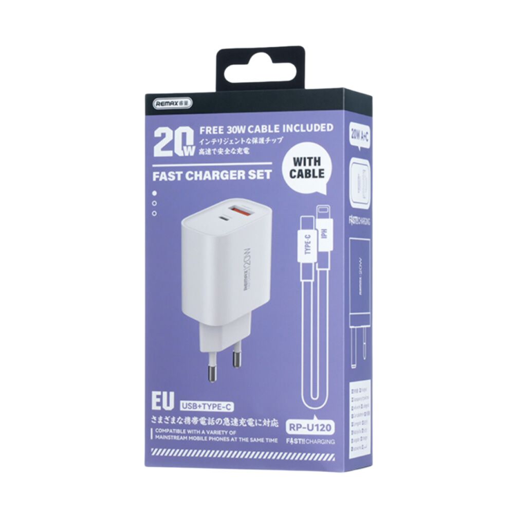 Φορτιστής REMAX Fast Charger RP-U120 20W με USB-A+USB-C με Καλώδιο Lightning 1m Λευκό
