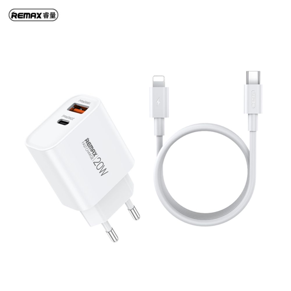 Φορτιστής REMAX Fast Charger RP-U120 20W με USB-A+USB-C με Καλώδιο Lightning 1m Λευκό
