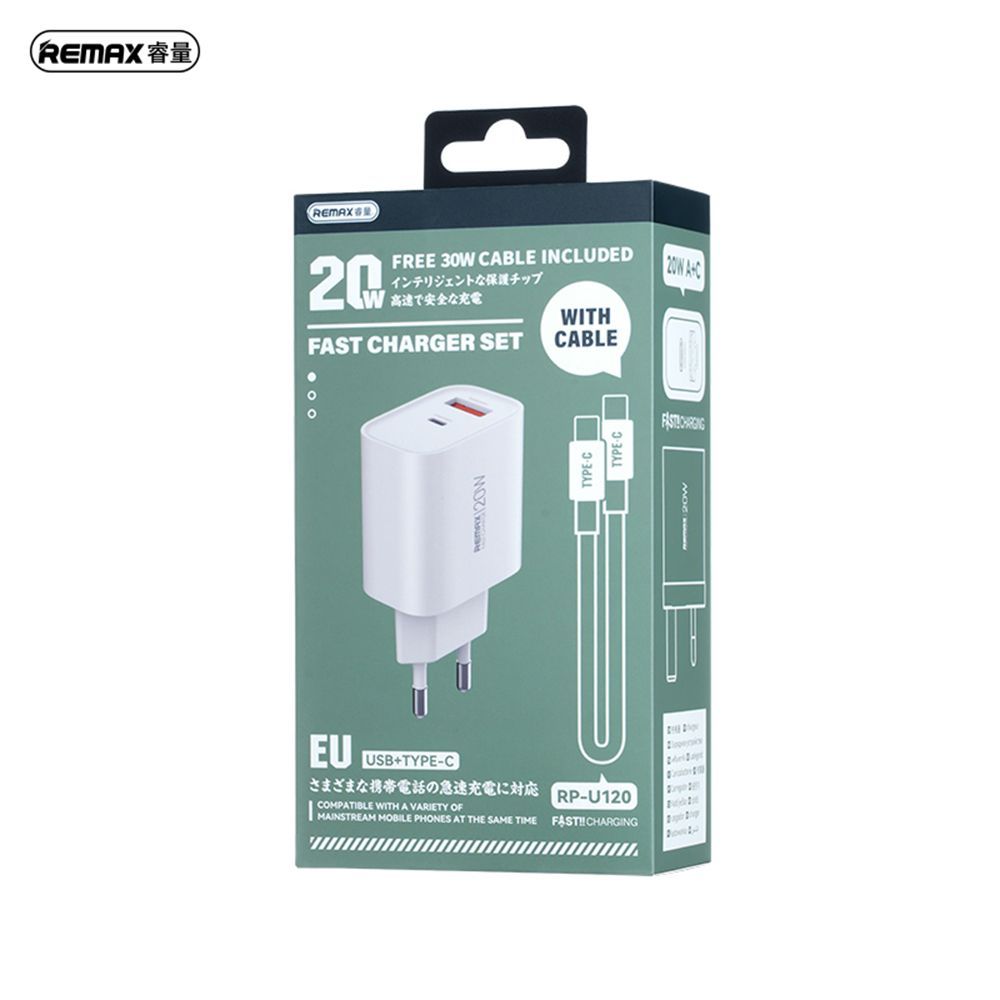 Φορτιστής REMAX Fast Charger RP-U120 20W με USB-A+USB-C με Καλώδιο USB-C Λευκό