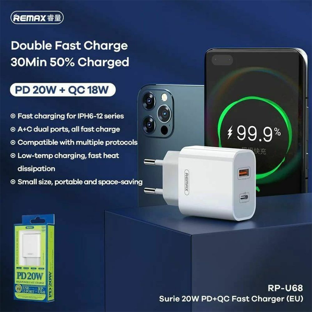 Φορτιστής REMAX Surie Series Fast Charge RP-U68 20W, A+C Λευκό