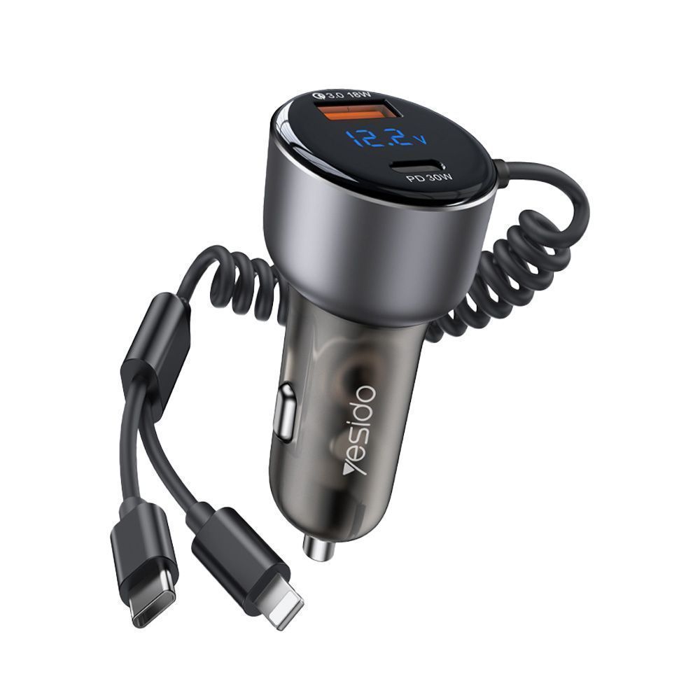 Φορτιστής Αυτοκινήτου Yesido Y58 USB-A + USB-C 60W με ενσωματωμένα καλώδια Type-C & Lightning και LED ένδειξη τάσης Μαύρο