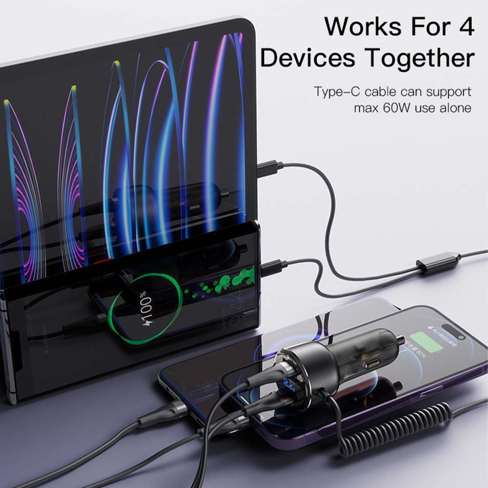 Φορτιστής Αυτοκινήτου Yesido Y58 USB-A + USB-C 60W με ενσωματωμένα καλώδια Type-C & Lightning και LED ένδειξη τάσης Μαύρο