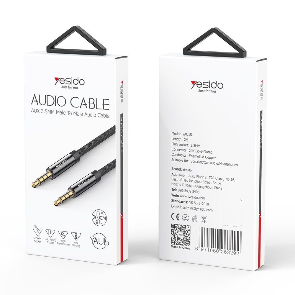 Yesido YAU15 Καλώδιο AUX Nylon Braided 3.5mm male - 3.5mm male 2m Μαύρο
