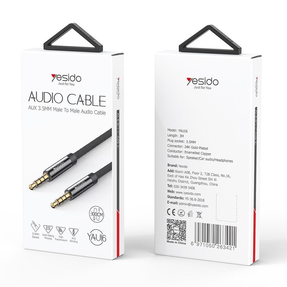 Yesido YAU16 Καλώδιο AUX Nylon Braided 3.5mm male - 3.5mm male 3m Μαύρο