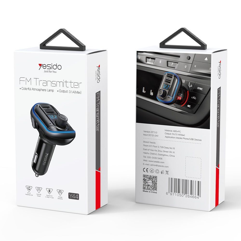FM Transmitter Yesido Y44 Bluetooth με Φορτιστή Αυτοκινήτου 2xUSB-A Μαύρο