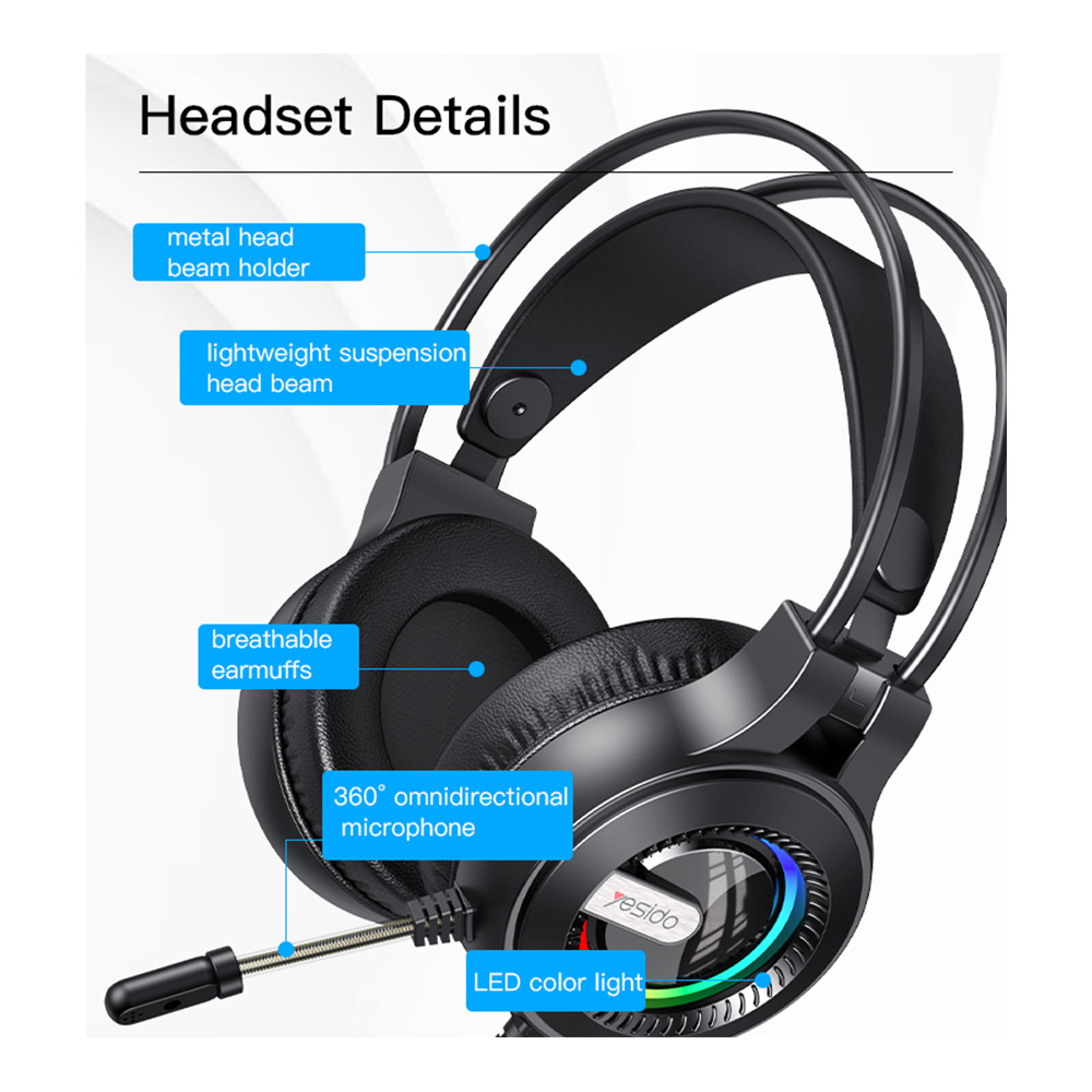 Pro Gaming Headset Yesido EK02 LED On Ear με σύνδεση USB & 2x3.5mm Μαύρο