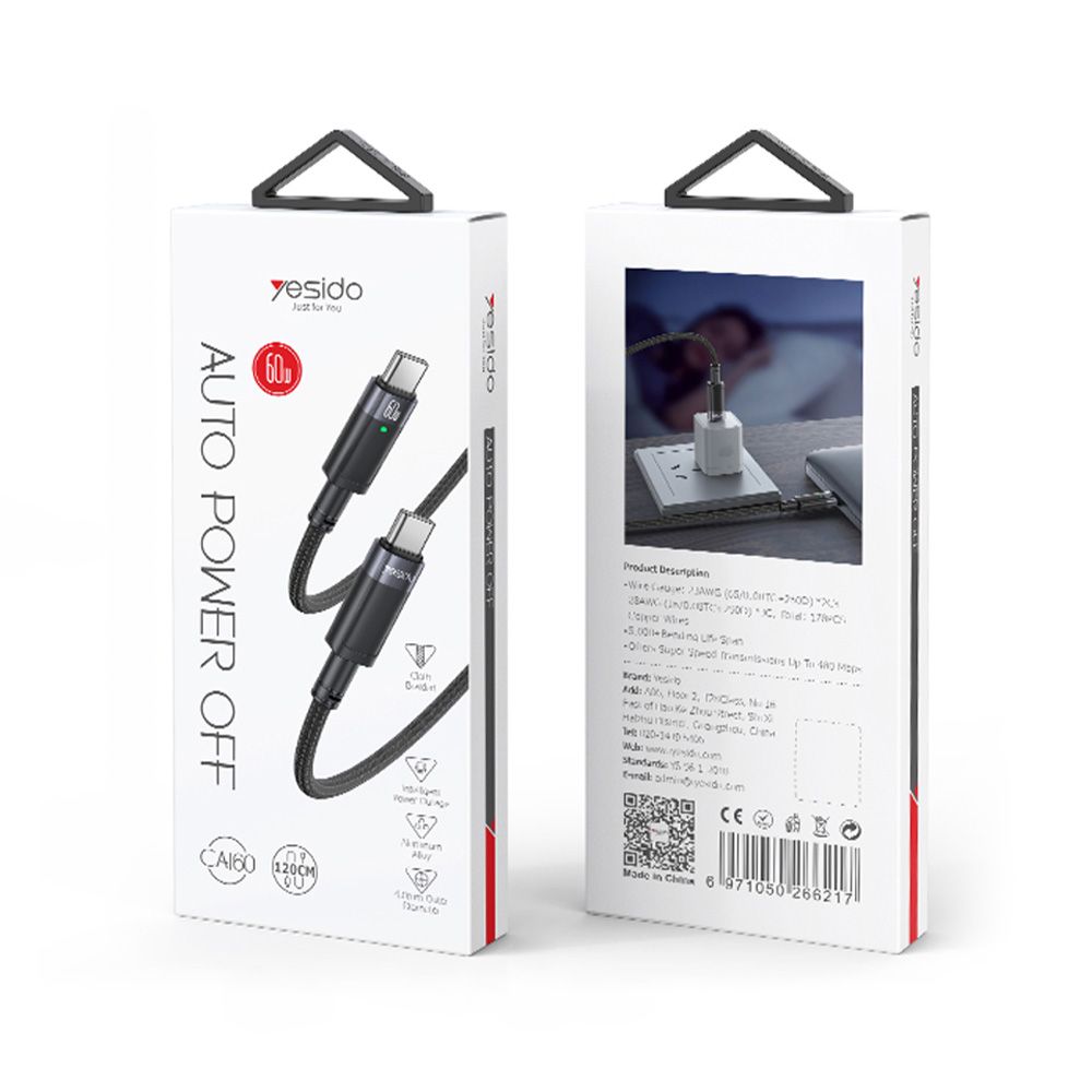 Καλώδιο Yesido CA160 Braided Type-C σε Type-C 60W με αυτόματη αποσύνδεση 1.2m Μαύρο