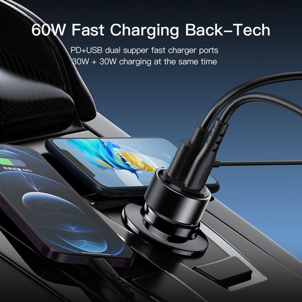 Φορτιστής Αυτοκινήτου Yesido Y54 USB-A + USB-C 60W με καλώδιο Type-C σε Lightning Μαύρο