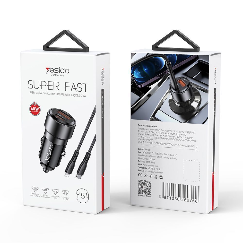 Φορτιστής Αυτοκινήτου Yesido Y54 USB-A + USB-C 60W με καλώδιο Type-C σε Lightning Μαύρο