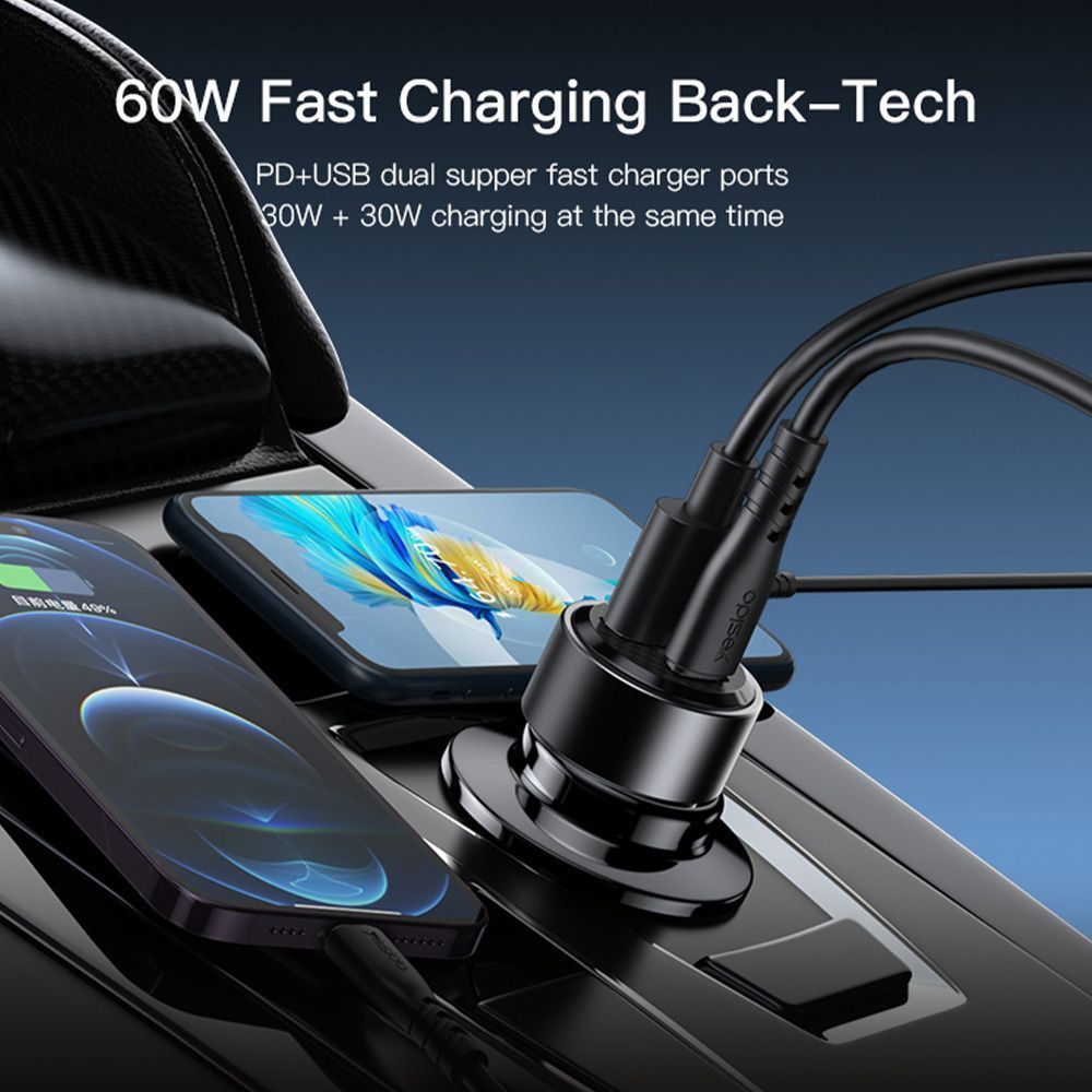 Φορτιστής Αυτοκινήτου Yesido Y55 USB-A + USB-C 60W με καλώδιο Type-C σε Type-C Μαύρο