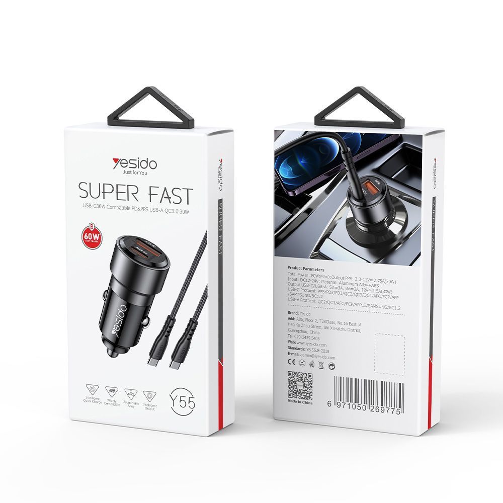 Φορτιστής Αυτοκινήτου Yesido Y55 USB-A + USB-C 60W με καλώδιο Type-C σε Type-C Μαύρο