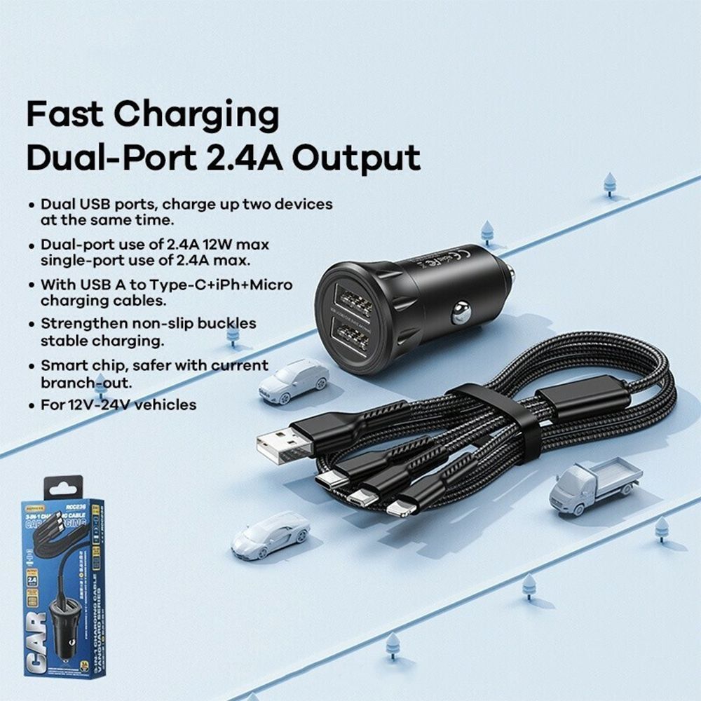 Φορτιστής Αυτοκινήτου REMAX Vanguard RCC236 2xUSB 2.4A με Καλώδιο USB 3σε1 Μαύρο