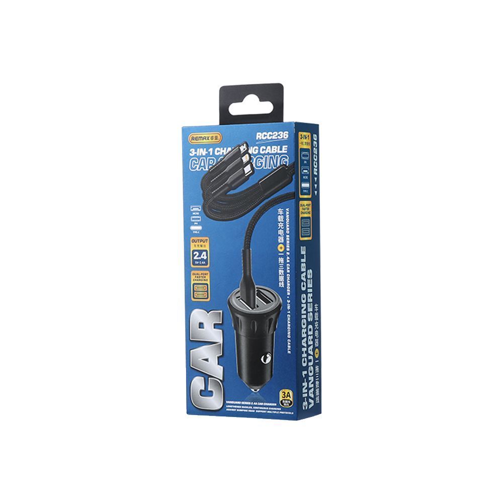 Φορτιστής Αυτοκινήτου REMAX Vanguard RCC236 2xUSB 2.4A με Καλώδιο USB 3σε1 Μαύρο