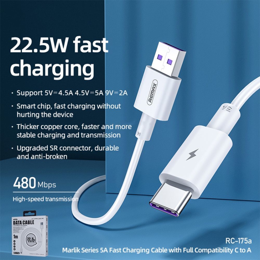 Καλώδιο Remax RC-175a Marlik Series 6A|Fast Charge USB-A to Type-C 1m Λευκό