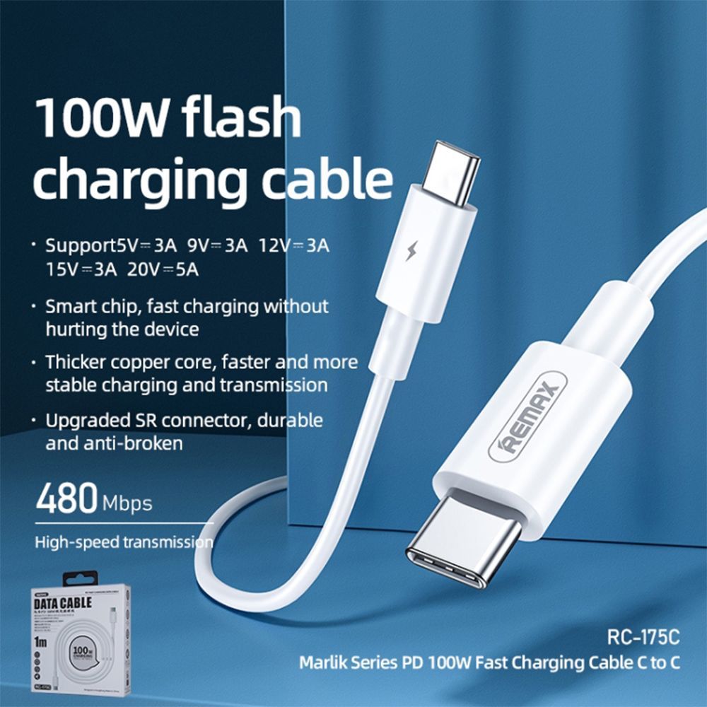 Καλώδιο Remax RC-175c Marlik Series PD100W|Fast Charge Type-C to Type-C 1mΚαλώδιο Remax RC-175c Marlik Series PD100W|Fast Charge Type-C to Type-C 1m Λευκό