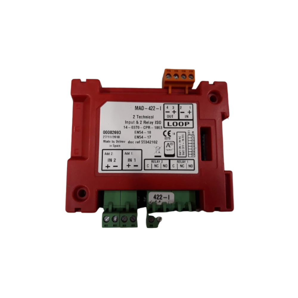 MAD-422-I -Διευθυνσιοδοτούμενο Module με Isolator. Ελέγχει 2 Εξόδους Nc/Co. Δίνει feedback σε technical Alarm από 2 Εισόδους