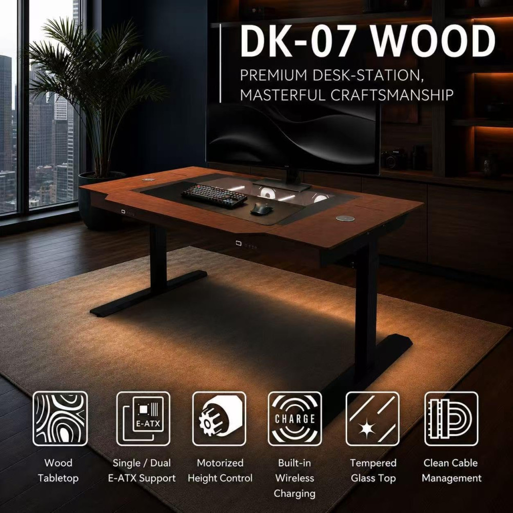 Lian Li DK07X Wood - Motorized Standing Desk Station - E-ATX-x2 (Single or Dual E-ATX PC Desk)