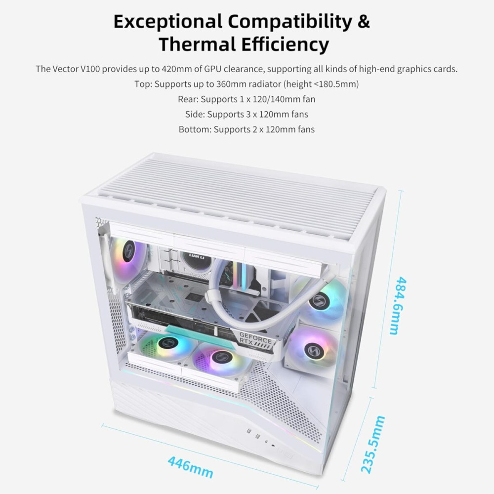 Lian Li Vector V100 White - 4 x 120mm ARGB - LED RGB Strip - Tempered Glass - ATX Case
