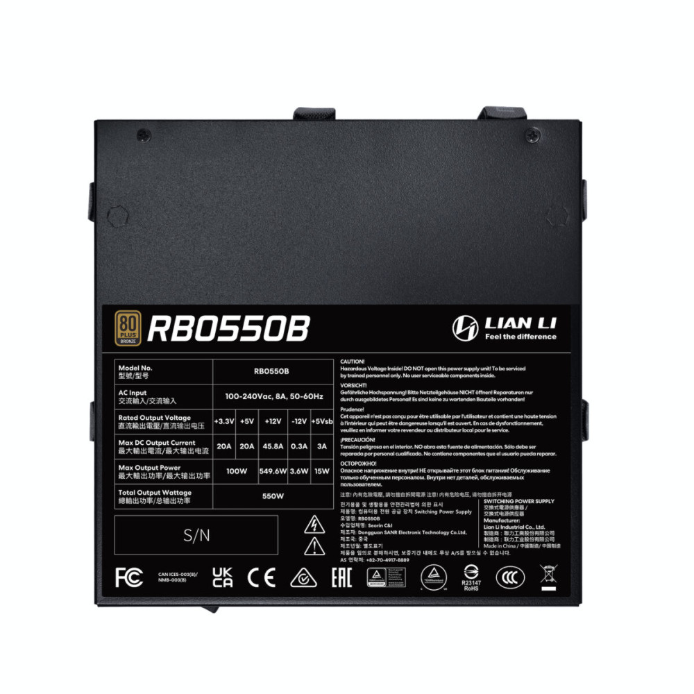 Lian Li RB0550 - 550W 80+ Bronze PSU - PCIe Gen 5.1 12+4pin - Intel ATX 3.1 - 135mm low-noise fan