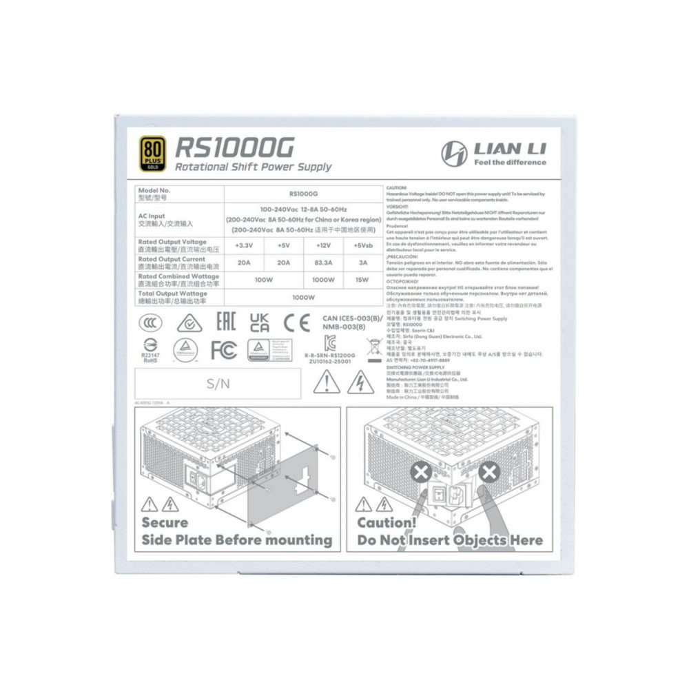Lian Li RS1000G White - 1000 Watt 80+ Gold PSU - 12V-2x6 Colored Cable - Fully Modular