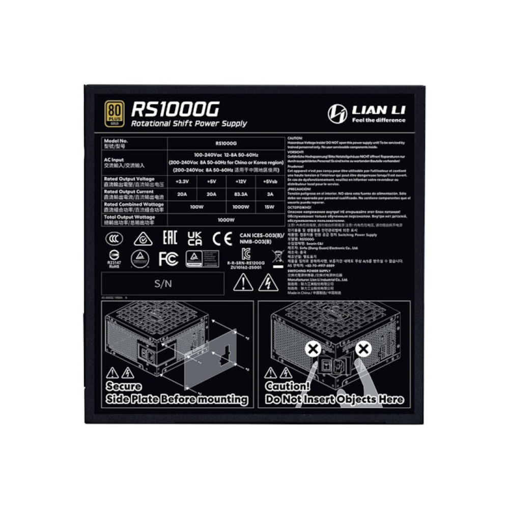 Lian Li RS1000G  Black - 1000 Watt 80+ Gold PSU - 12V-2x6 Colored Cable - RS Hub - Fully Modular