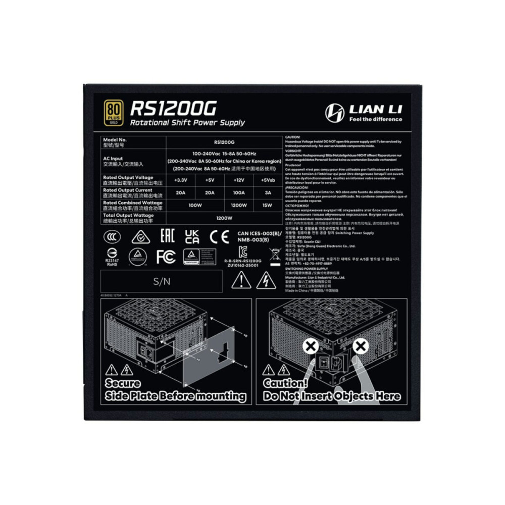 Lian Li RS1200G Black - 1200 Watt 80+ Gold PSU - 12V-2x6 Colored Cable - RS Hub - Fully Modular