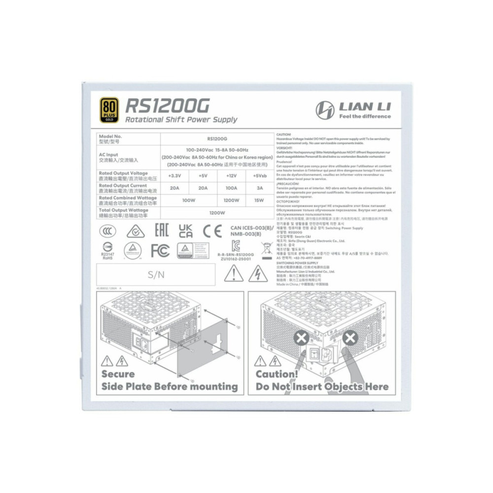 Lian Li RS1200G White - 1200 Watt 80+ Gold PSU - 12V-2x6 Colored Cable - RS Hub - Fully Modular