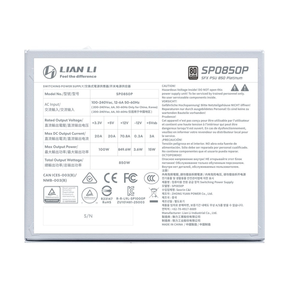 LIAN LI SP0850P White - 850W 80+ Platinum PSU - 10 Years Warranty - 12V-2x6 - Japanese Capacitors
