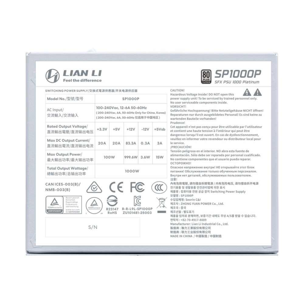 LIAN LI SP1000P White - 1000W 80+ Platinum PSU - 10 Years Warranty - 12V-2x6 - Japanese Capacitors