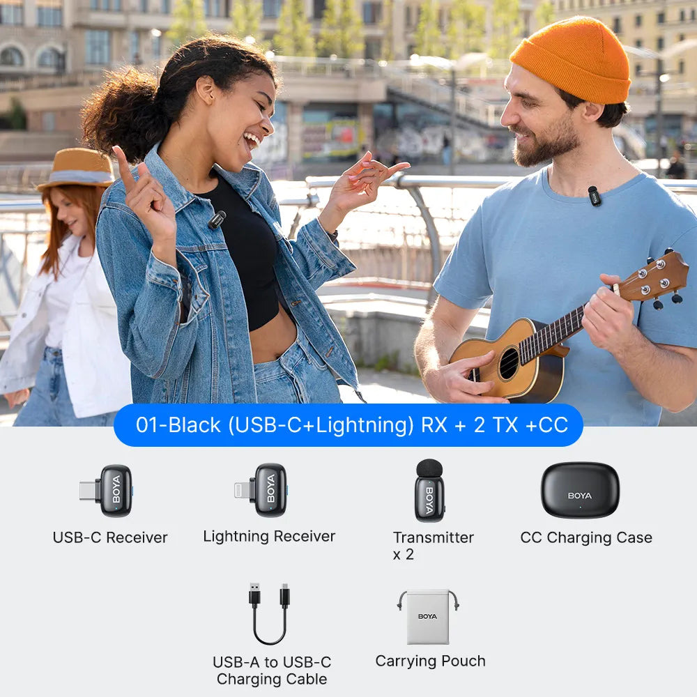 BOYA mini 2 Lightning & Type-C - 2,4GHz 2mic Wireless AI-ANC Mic w. Charging Box Mono/stereo/safety-