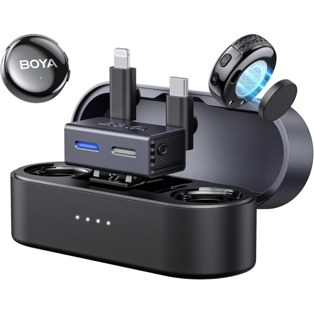 BOYALINK 3 - Type-C, Lightning & 3,5mm AI-Powered Button Wireless Microphone 2 TX + 1 RX + cha. Case