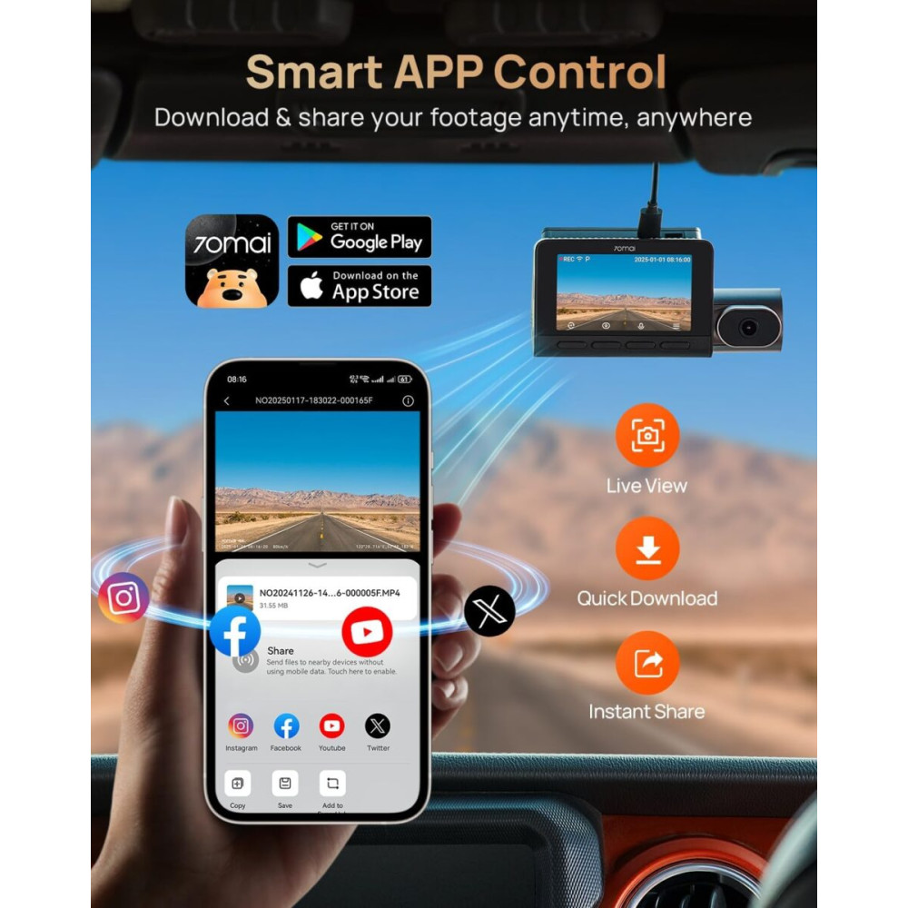70mai Dash Cam 4K T800 & 1080 Rear Cam. & 128GB SD 3-Channel w/ Dual 4K, IMX678,  AI Detection