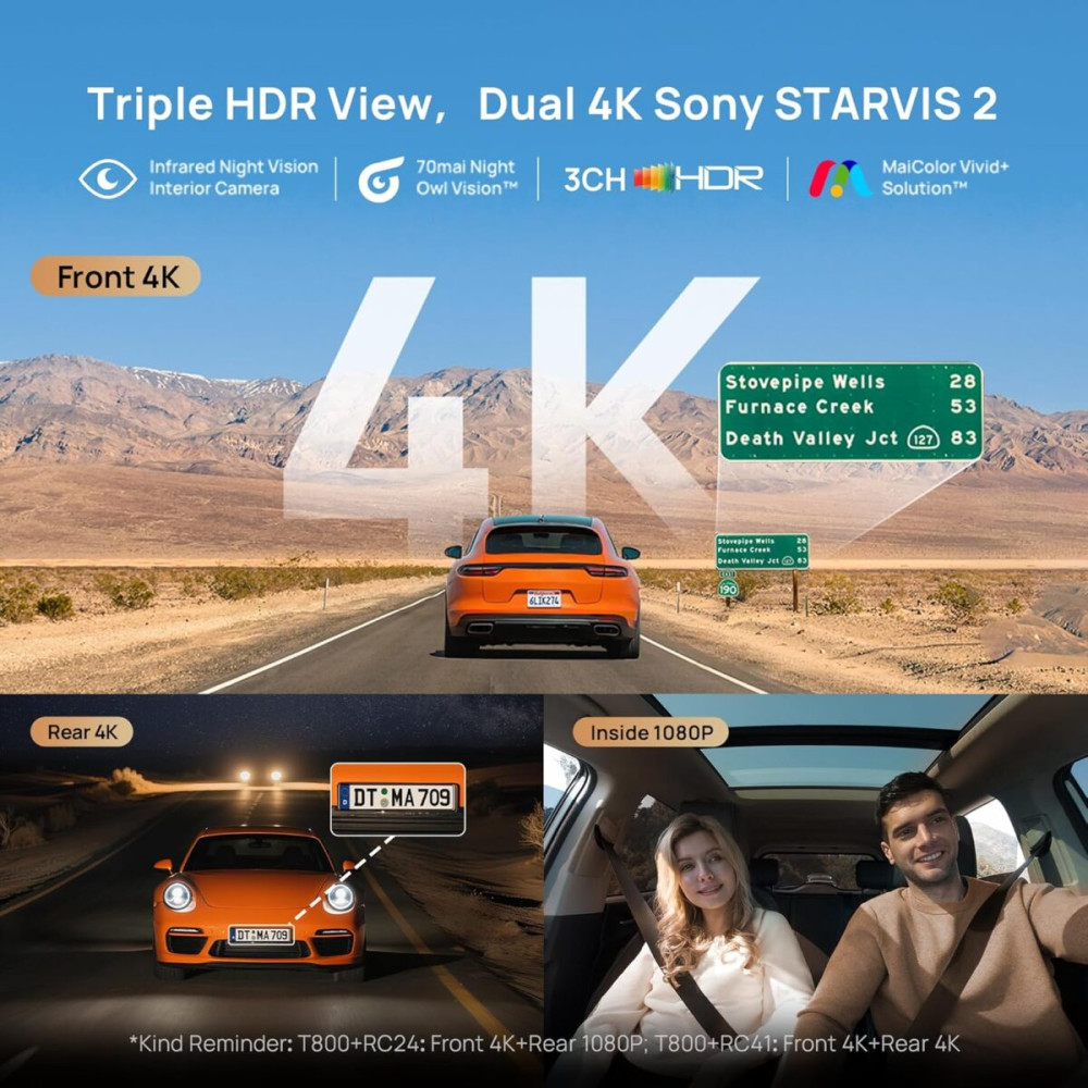 70mai Dash Cam 4K T800 & 4k Rear Cam. & 256GB SD 3-Channel w/ Dual 4K, IMX678, HDR Night Vision, AI