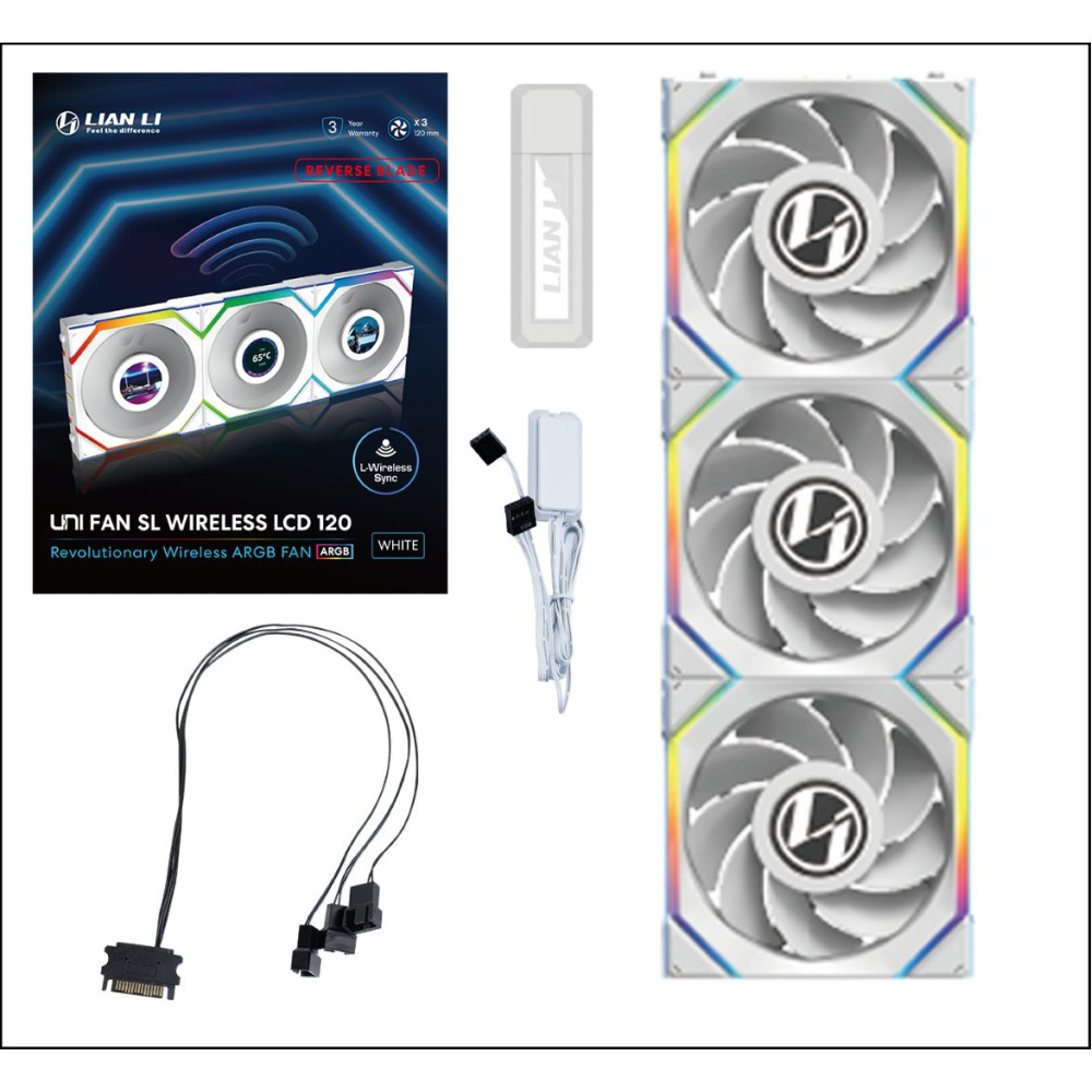 Lian Li UNIFAN SL Wireless LCD 120 -3PCS Reverse White (Triple pack include Controller) - Case Fan